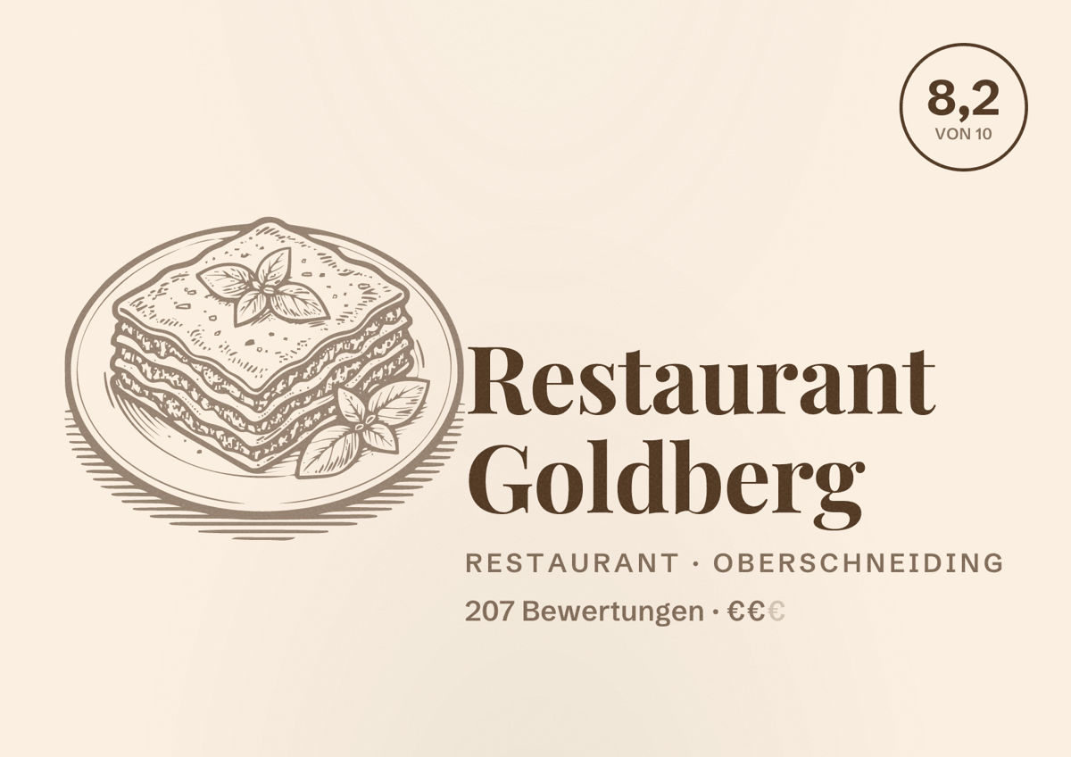Illustriertes Poster von Restaurant Goldberg, Restaurant in Oberschneiding: Bewertung 8,2 von 10 aus 207 Bewertungen, Preisniveau €€