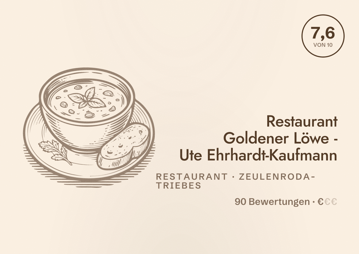 Illustriertes Poster von Restaurant Goldener Löwe - Ute Ehrhardt-Kaufmann, Restaurant in Zeulenroda-Triebes: Bewertung 7,6 von 10 aus 90 Bewertungen, Preisniveau €