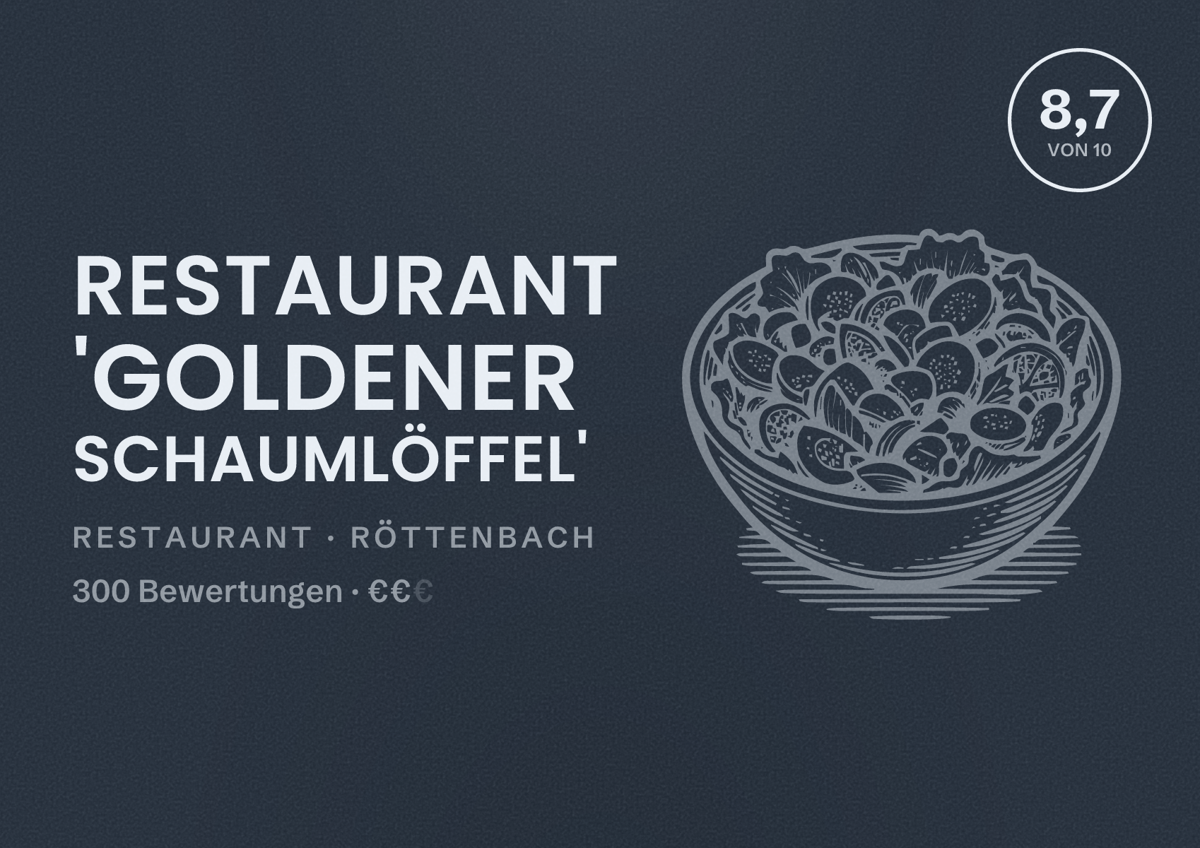 Illustriertes Poster von Restaurant 'Goldener Schaumlöffel', Restaurant in Röttenbach: Bewertung 8,7 von 10 aus 300 Bewertungen, Preisniveau €€