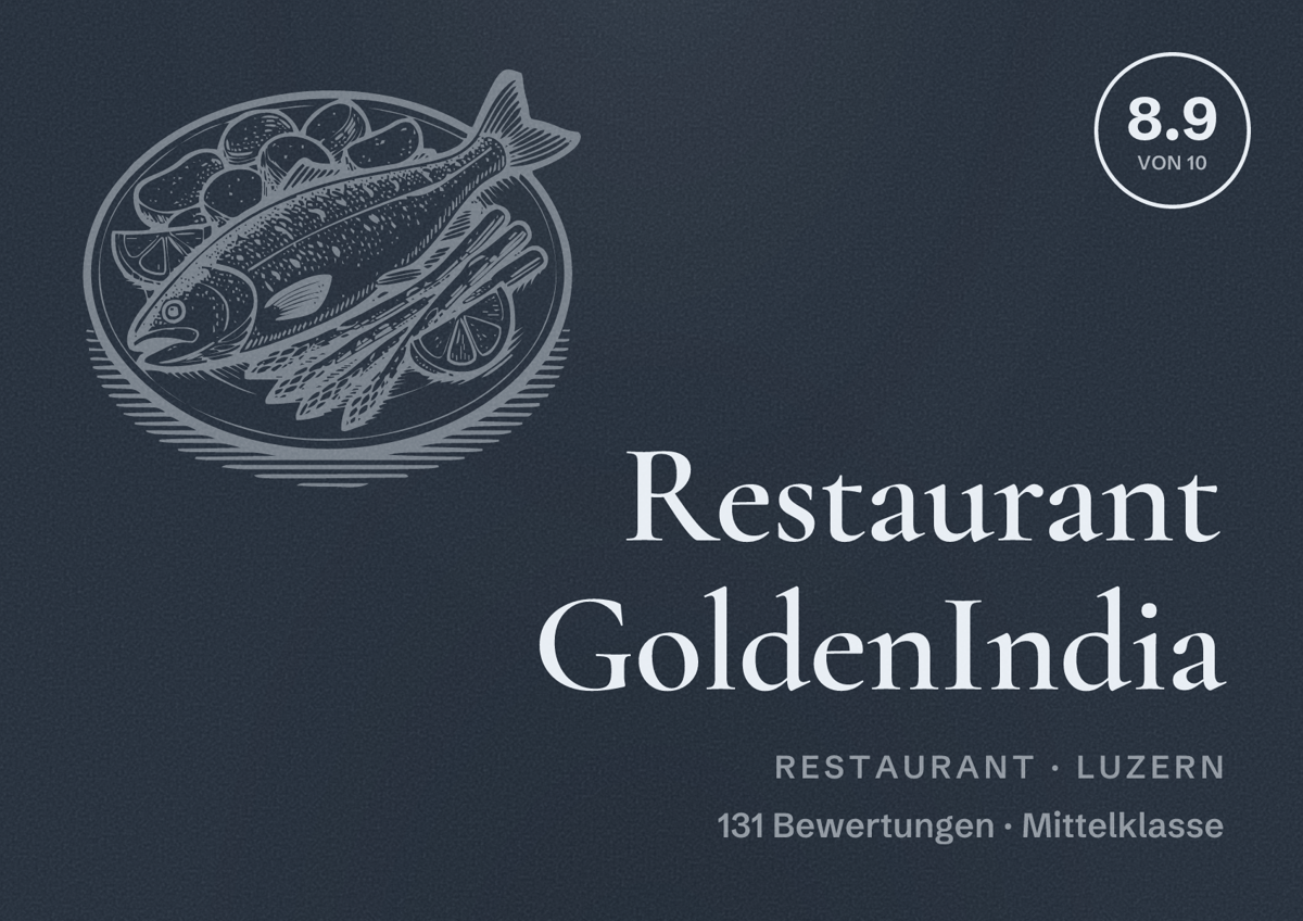 Illustriertes Poster von Restaurant GoldenIndia, Restaurant in Luzern: Bewertung 8.9 von 10 aus 131 Bewertungen, Preisniveau Mittelklasse