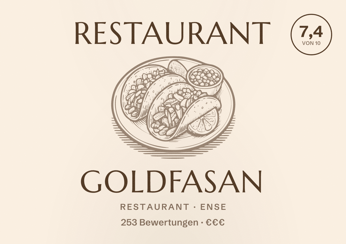 Illustriertes Poster von Restaurant Goldfasan, Restaurant in Ense: Bewertung 7,4 von 10 aus 253 Bewertungen, Preisniveau €€€