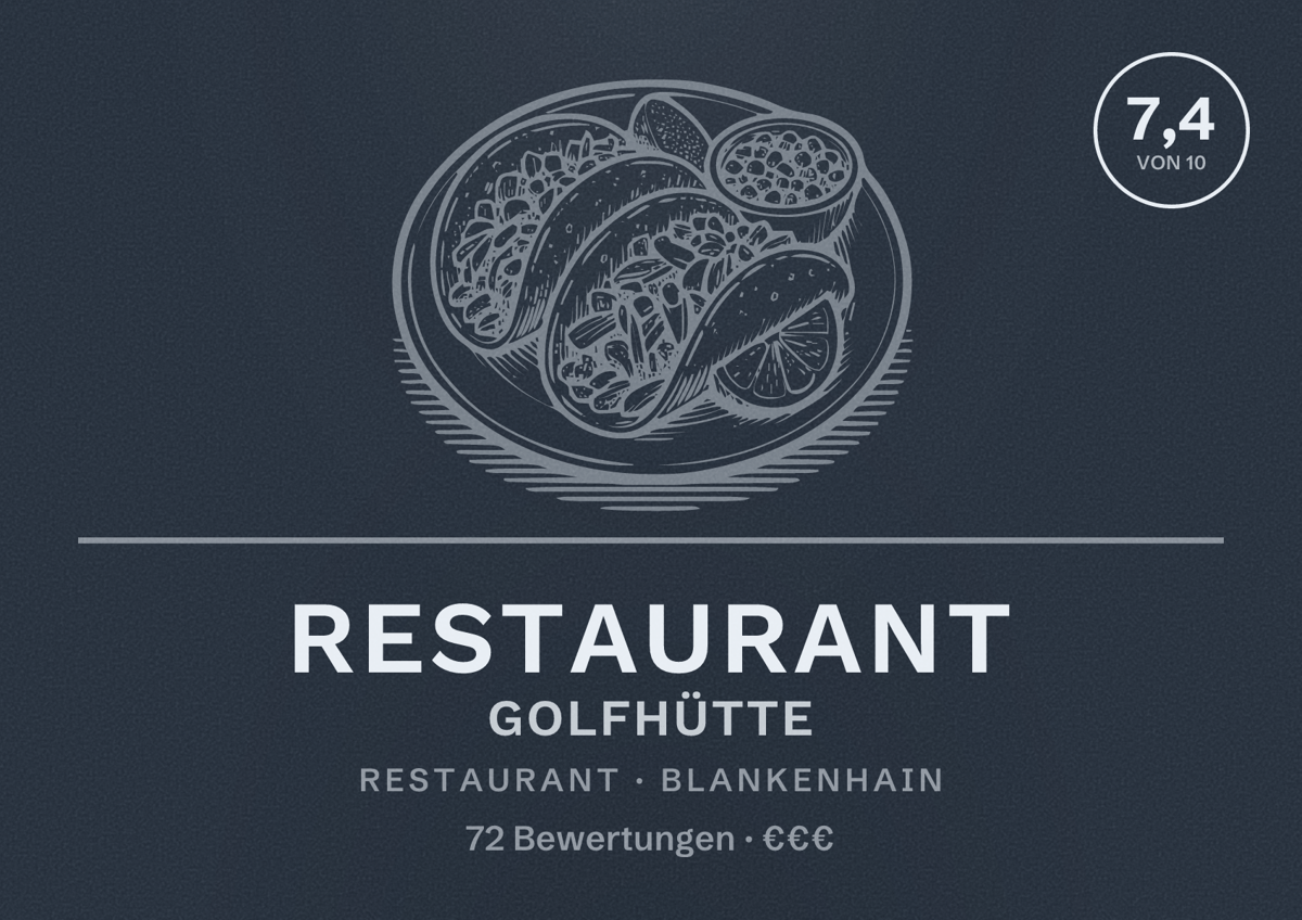 Illustriertes Poster von Restaurant GolfHütte, Restaurant in Blankenhain: Bewertung 7,4 von 10 aus 72 Bewertungen, Preisniveau €€€