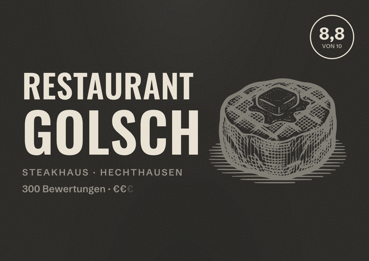 Illustriertes Poster von Restaurant Golsch, Steakhaus in Hechthausen: Bewertung 8,8 von 10 aus 300 Bewertungen, Preisniveau €€