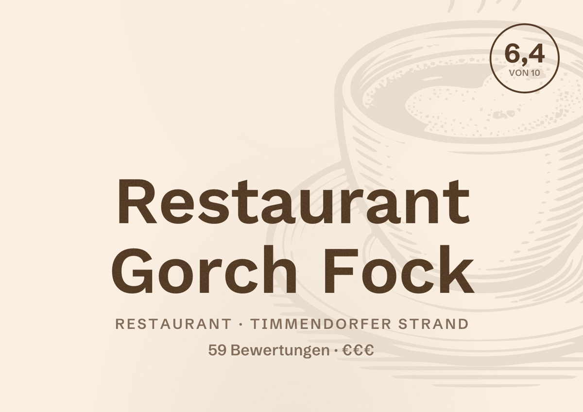Illustriertes Poster von Restaurant Gorch Fock, Restaurant in Timmendorfer Strand: Bewertung 6,4 von 10 aus 59 Bewertungen, Preisniveau €€€