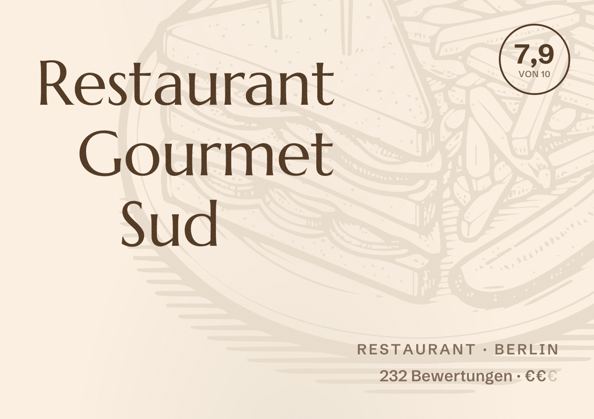 Illustriertes Poster von Restaurant Gourmet Sud, Restaurant in Berlin: Bewertung 7,9 von 10 aus 232 Bewertungen, Preisniveau €€