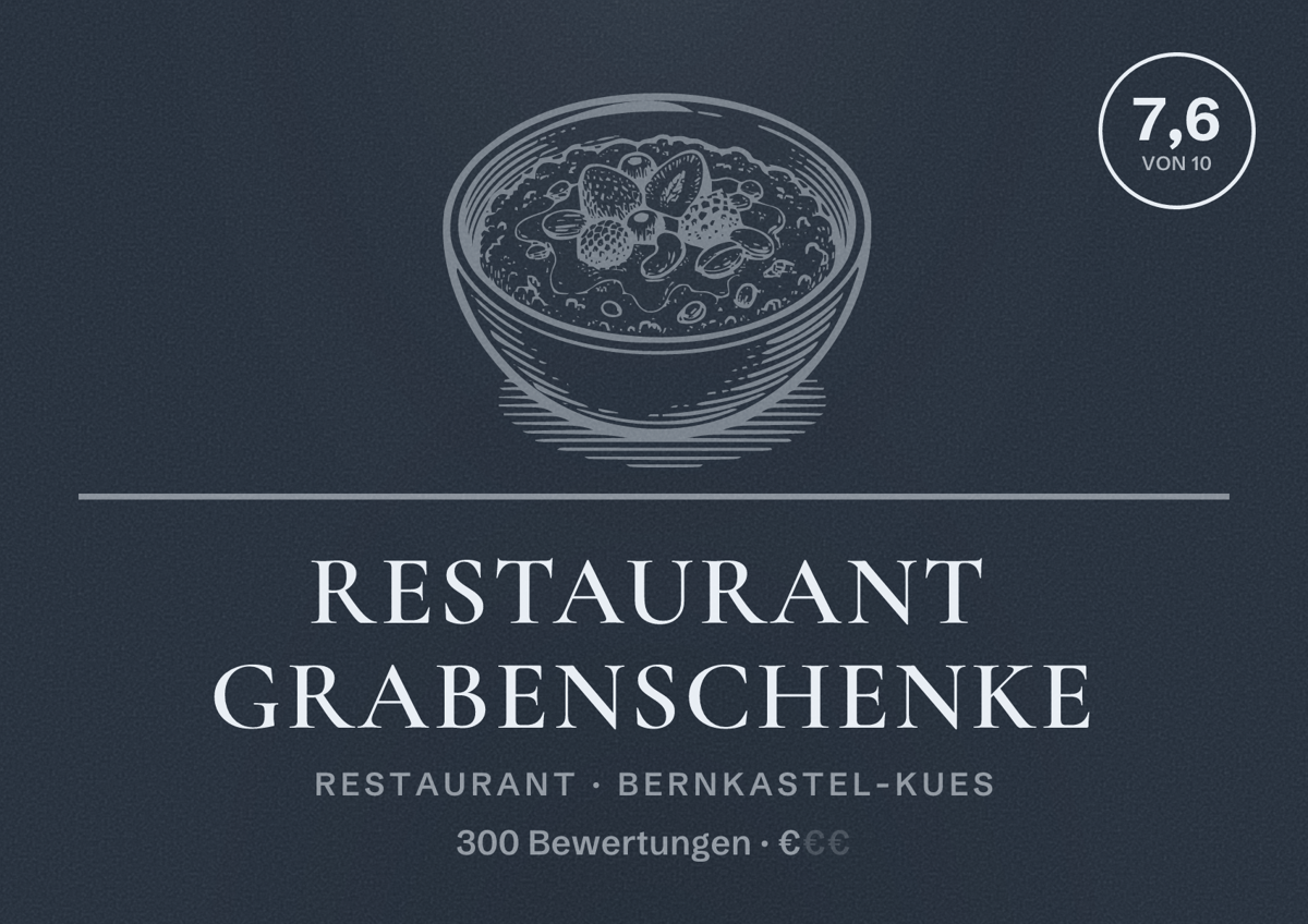 Illustriertes Poster von Restaurant Grabenschenke, Restaurant in Bernkastel-Kues: Bewertung 7,6 von 10 aus 300 Bewertungen, Preisniveau €
