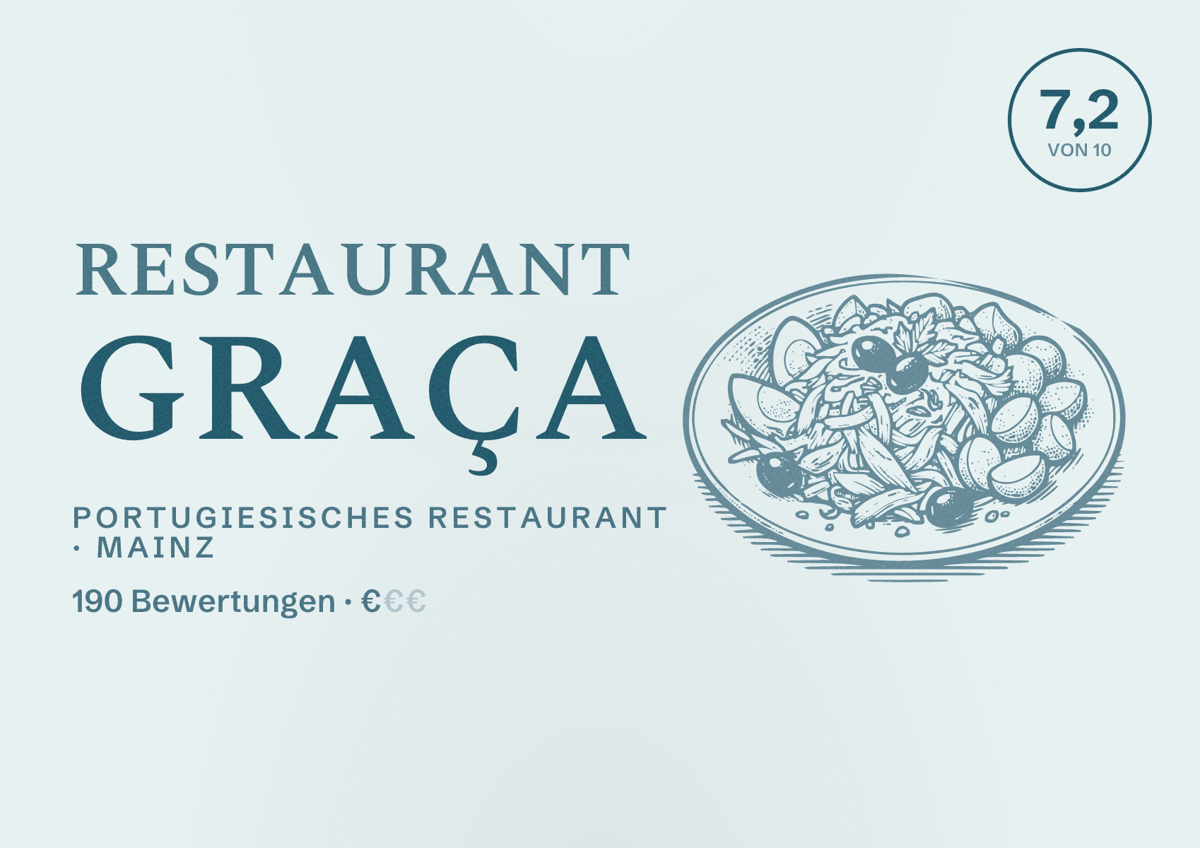 Illustriertes Poster von Restaurant Graça, Portugiesisches Restaurant in Mainz: Bewertung 7,2 von 10 aus 190 Bewertungen, Preisniveau €