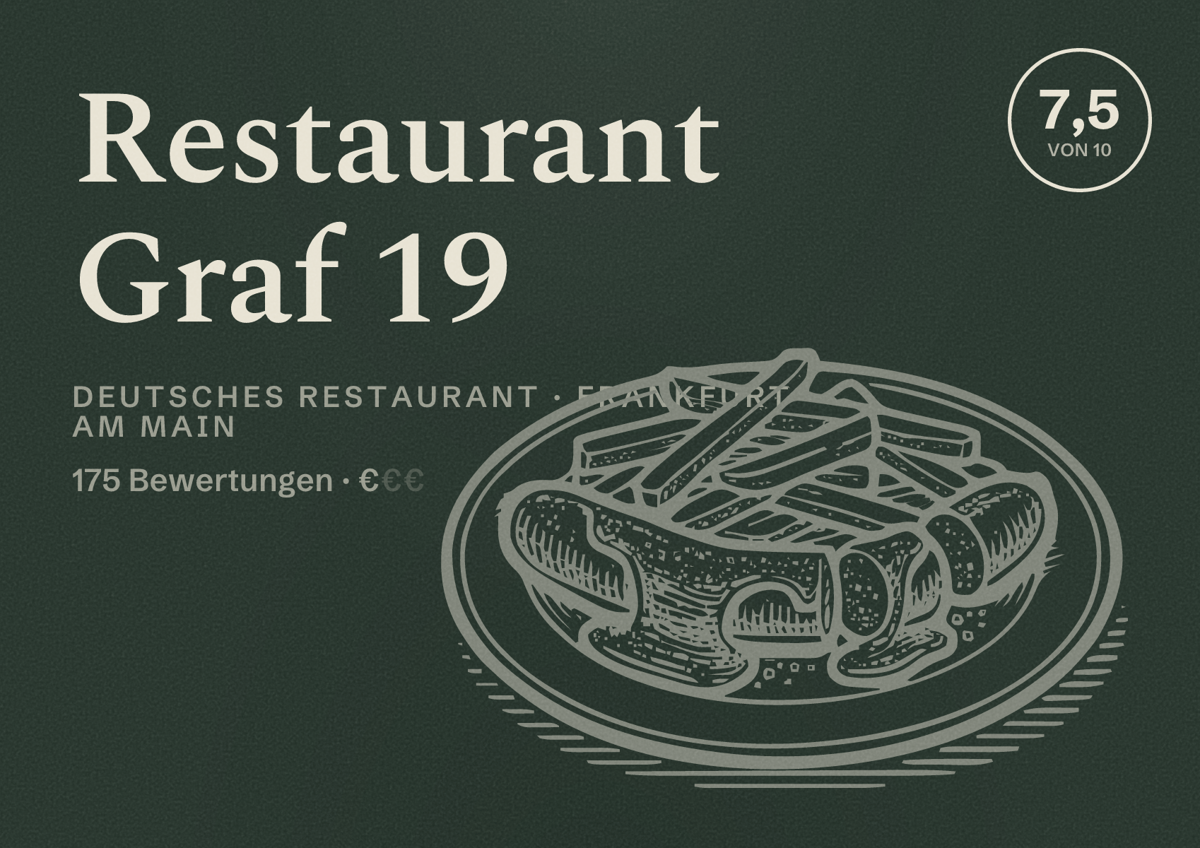 Illustriertes Poster von Restaurant Graf 19, Deutsches Restaurant in Frankfurt am Main: Bewertung 7,5 von 10 aus 175 Bewertungen, Preisniveau €