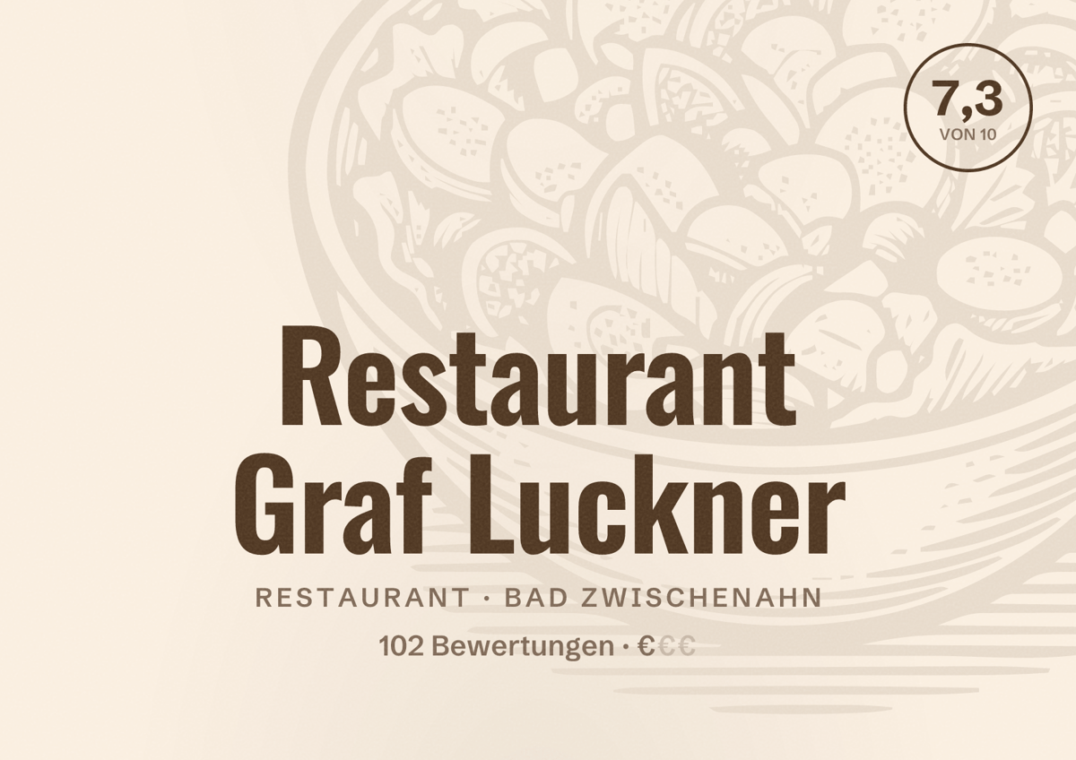 Illustriertes Poster von Restaurant Graf Luckner, Restaurant in Bad Zwischenahn: Bewertung 7,3 von 10 aus 102 Bewertungen, Preisniveau €