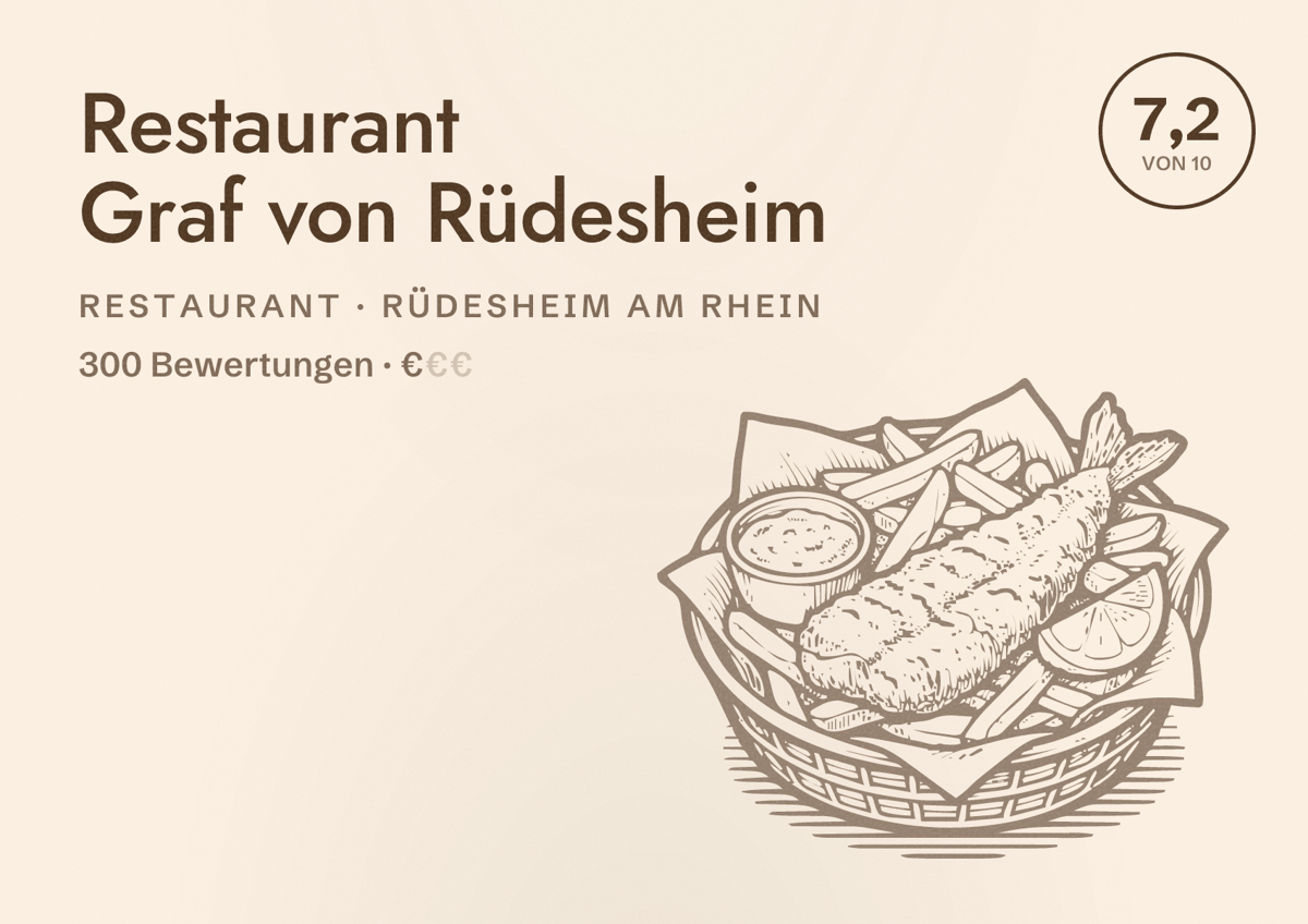 Illustriertes Poster von Restaurant Graf von Rüdesheim, Restaurant in Rüdesheim am Rhein: Bewertung 7,2 von 10 aus 300 Bewertungen, Preisniveau €