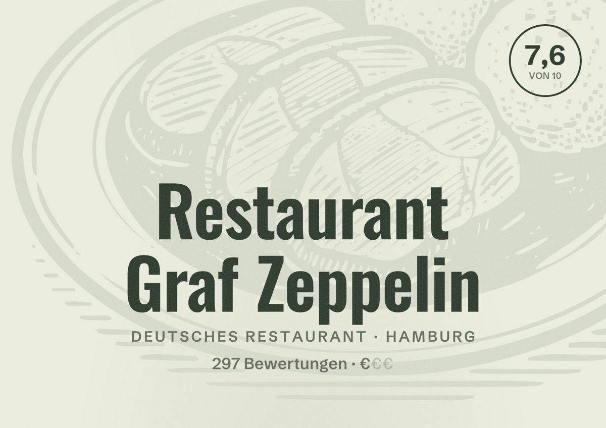 Illustriertes Poster von Restaurant Graf Zeppelin, Deutsches Restaurant in Hamburg: Bewertung 7,6 von 10 aus 297 Bewertungen, Preisniveau €