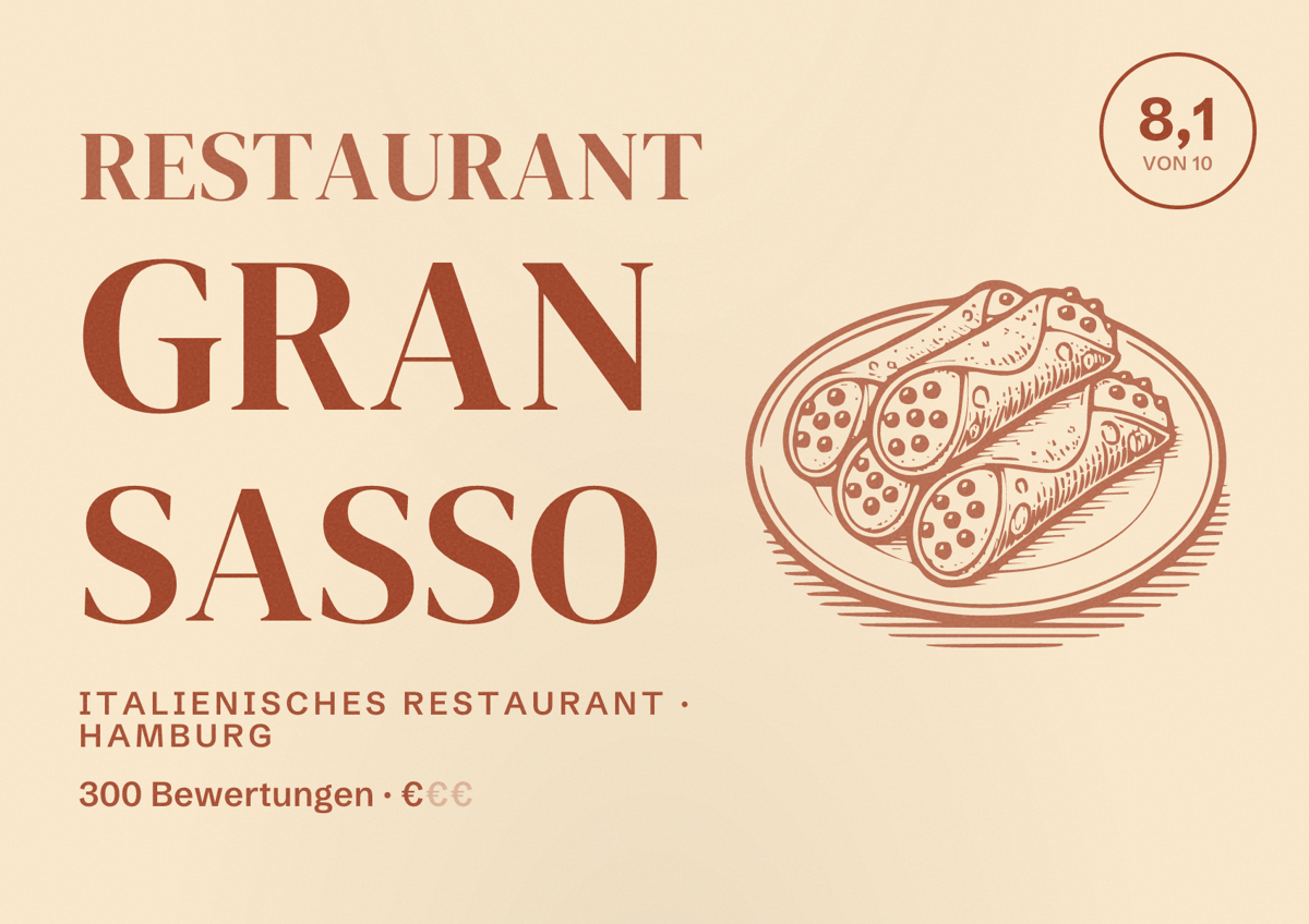 Illustriertes Poster von Restaurant Gran Sasso, Italienisches Restaurant in Hamburg: Bewertung 8,1 von 10 aus 300 Bewertungen, Preisniveau €