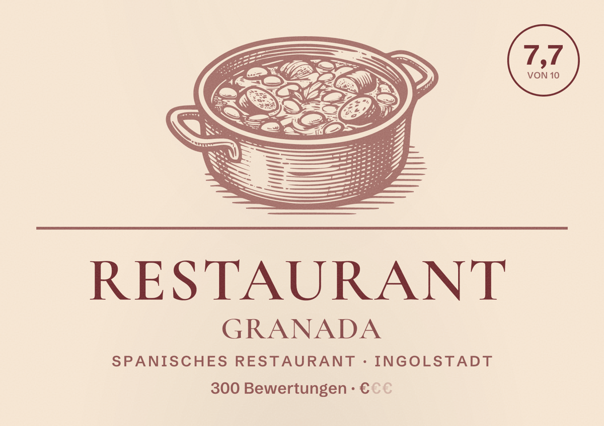 Illustriertes Poster von Restaurant Granada, Spanisches Restaurant in Ingolstadt: Bewertung 7,7 von 10 aus 300 Bewertungen, Preisniveau €