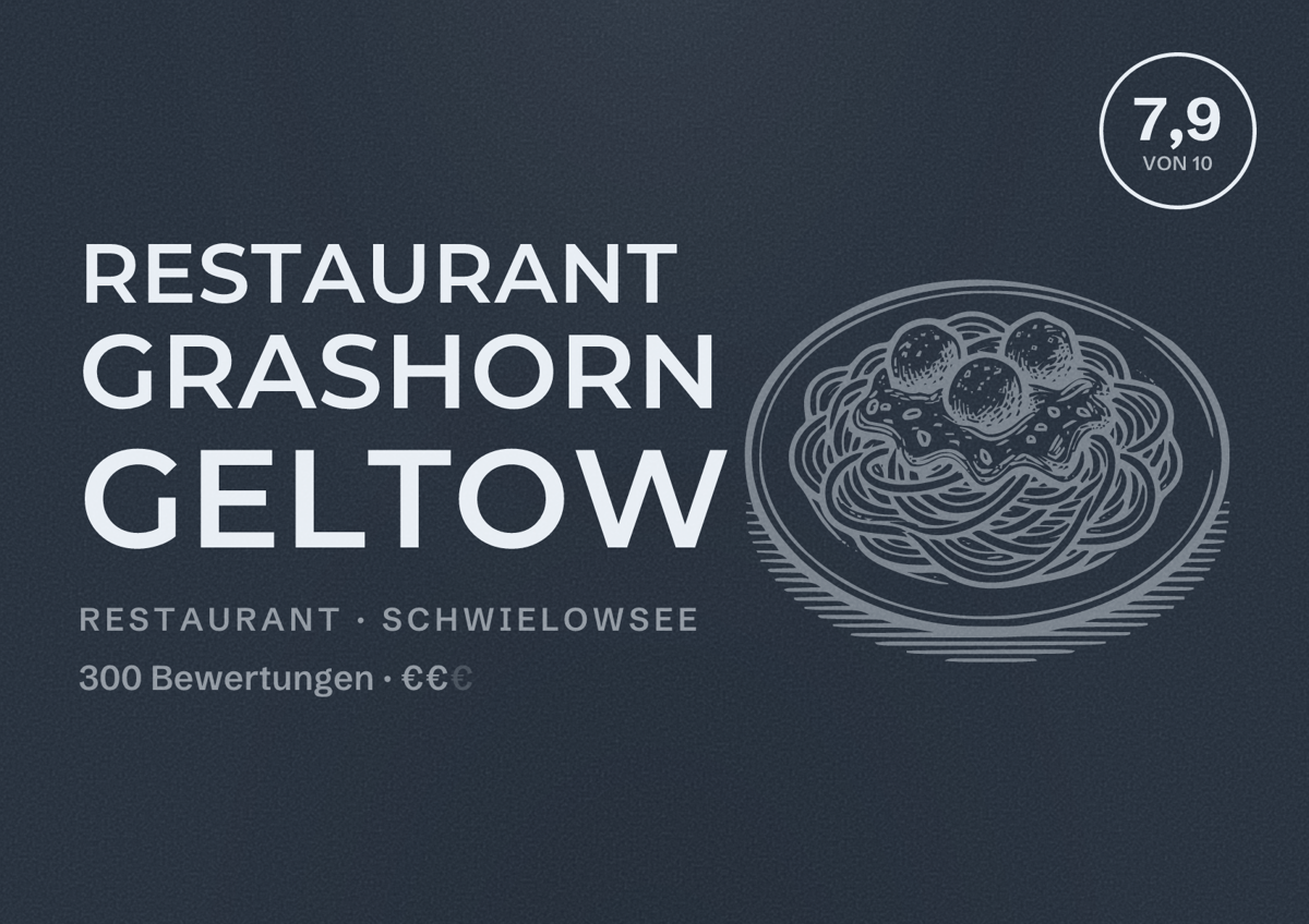 Illustriertes Poster von Restaurant Grashorn Geltow, Restaurant in Schwielowsee: Bewertung 7,9 von 10 aus 300 Bewertungen, Preisniveau €€