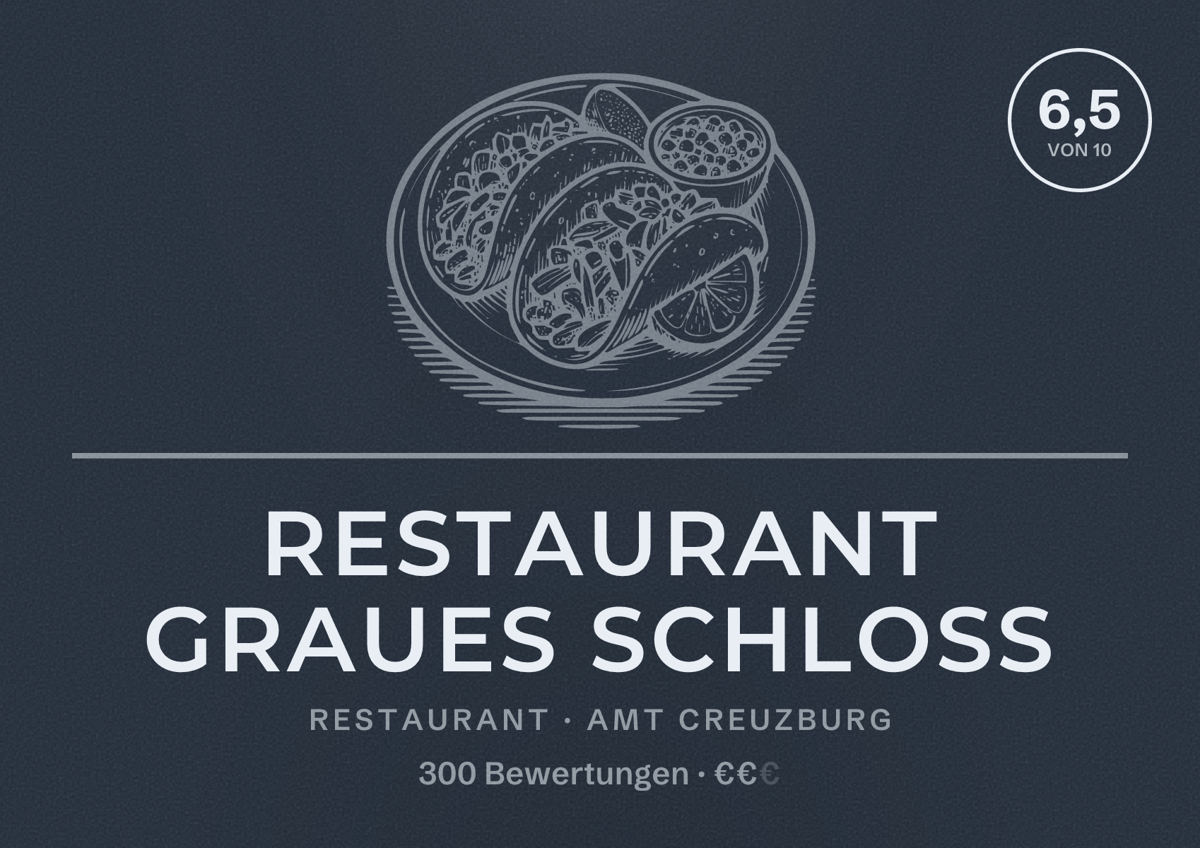 Illustriertes Poster von Restaurant Graues Schloß, Restaurant in Amt Creuzburg: Bewertung 6,5 von 10 aus 300 Bewertungen, Preisniveau €€