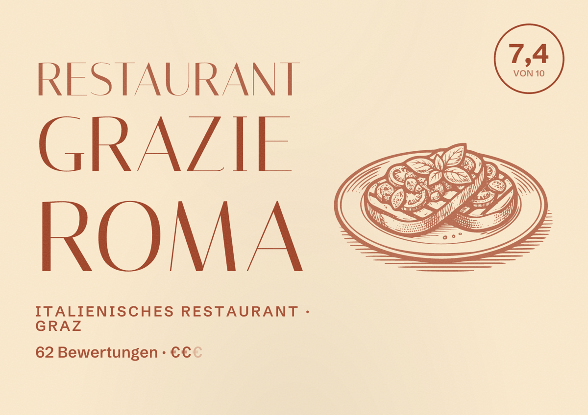 Illustriertes Poster von Restaurant Grazie Roma, Italienisches Restaurant in Graz: Bewertung 7,4 von 10 aus 62 Bewertungen, Preisniveau €€