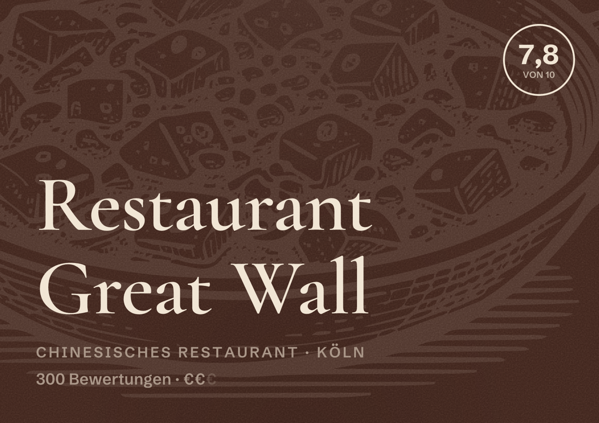 Illustriertes Poster von Restaurant Great Wall, Chinesisches Restaurant in Köln: Bewertung 7,8 von 10 aus 300 Bewertungen, Preisniveau €€
