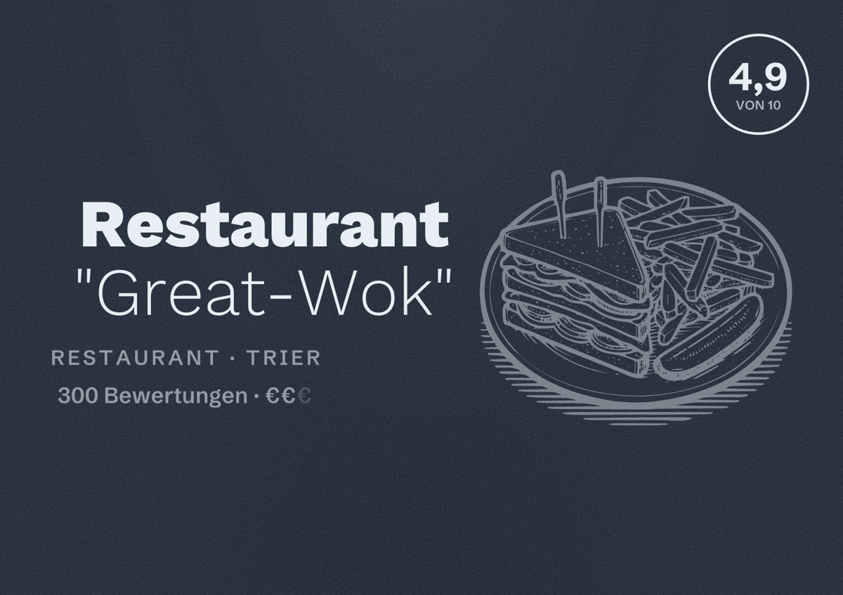 Illustriertes Poster von Restaurant "Great-Wok", Restaurant in Trier: Bewertung 4,9 von 10 aus 300 Bewertungen, Preisniveau €€