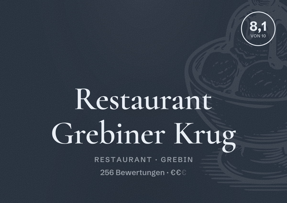 Illustriertes Poster von Restaurant Grebiner Krug, Restaurant in Grebin: Bewertung 8,1 von 10 aus 256 Bewertungen, Preisniveau €€