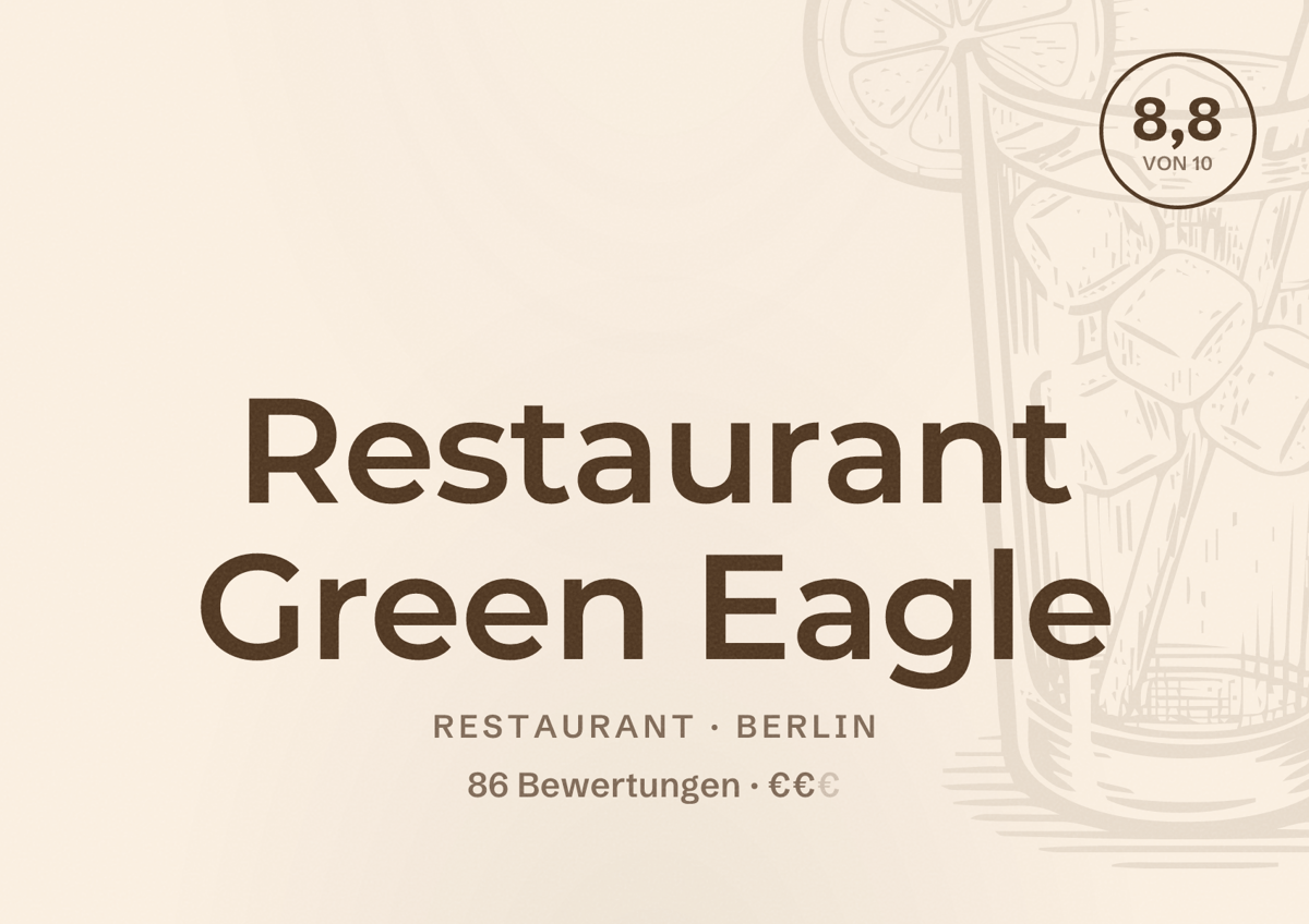 Illustriertes Poster von Restaurant Green Eagle, Restaurant in Berlin: Bewertung 8,8 von 10 aus 86 Bewertungen, Preisniveau €€