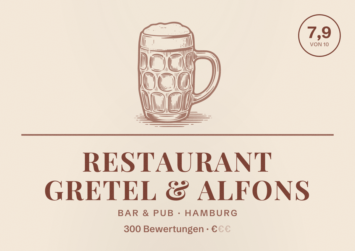 Illustriertes Poster von Restaurant Gretel & Alfons, Bar & Pub in Hamburg: Bewertung 7,9 von 10 aus 300 Bewertungen, Preisniveau €