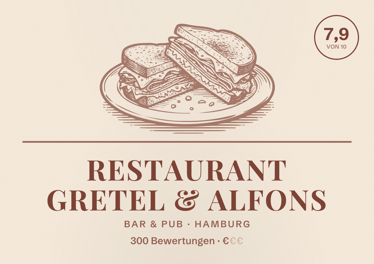 Illustriertes Poster von Restaurant Gretel & Alfons, Bar & Pub in Hamburg: Bewertung 7,9 von 10 aus 300 Bewertungen, Preisniveau €