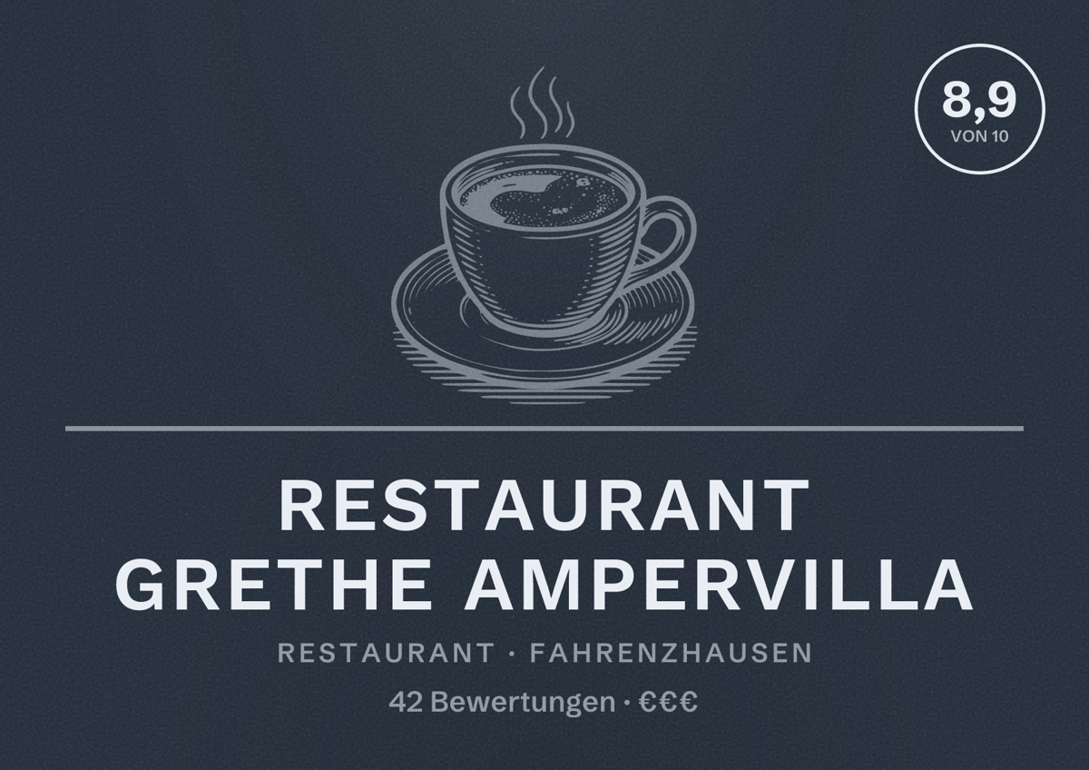 Illustriertes Poster von Restaurant Grethe AmperVilla, Restaurant in Fahrenzhausen: Bewertung 8,9 von 10 aus 42 Bewertungen, Preisniveau €€€
