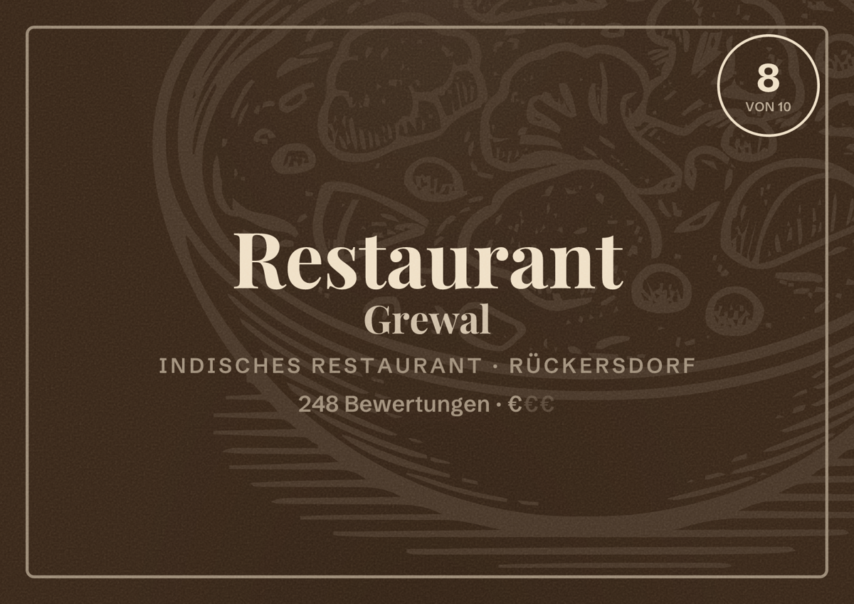 Illustriertes Poster von Restaurant Grewal, Indisches Restaurant in Rückersdorf: Bewertung 8 von 10 aus 248 Bewertungen, Preisniveau €