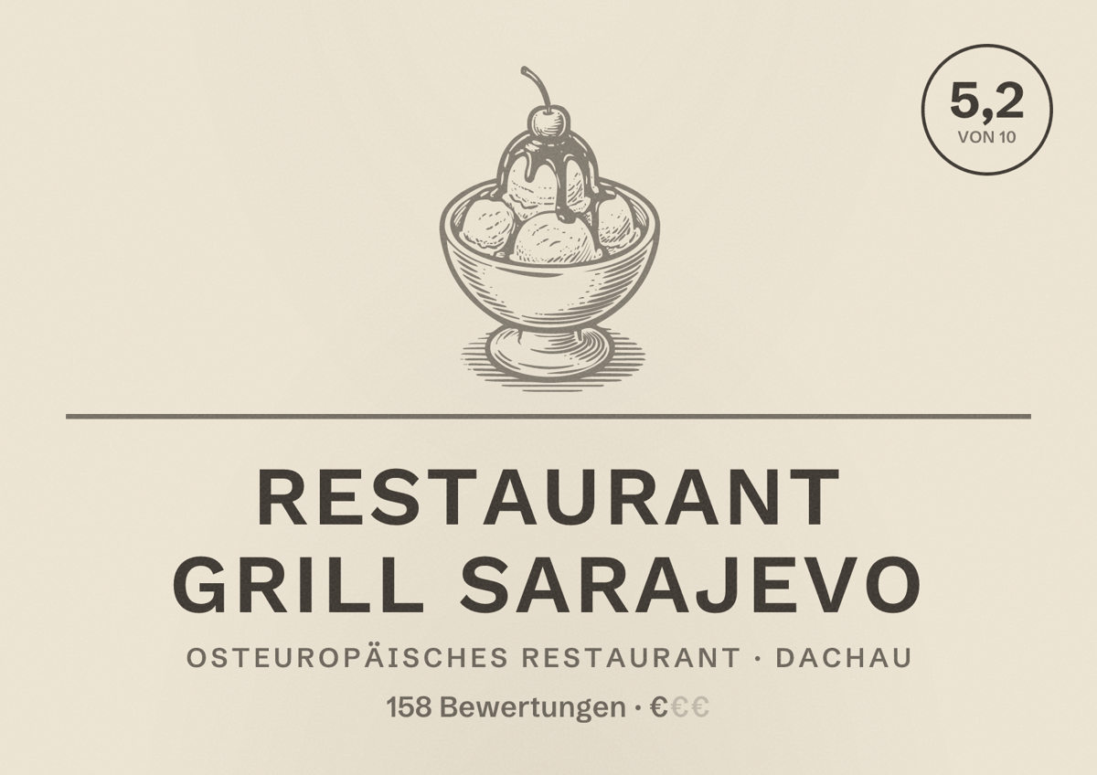 Illustriertes Poster von Restaurant Grill Sarajevo, Osteuropäisches Restaurant in Dachau: Bewertung 5,2 von 10 aus 158 Bewertungen, Preisniveau €
