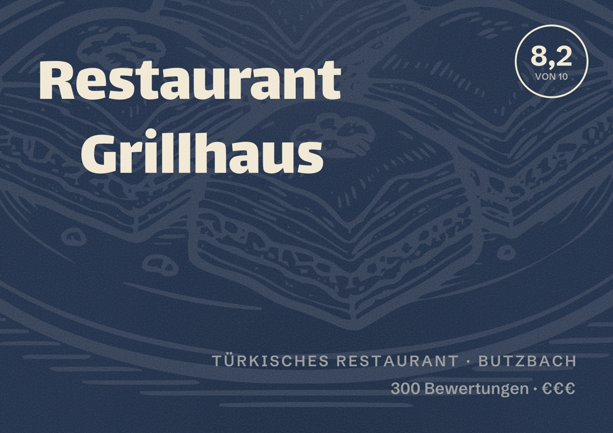 Illustriertes Poster von Restaurant Grillhaus, Türkisches Restaurant in Butzbach: Bewertung 8,2 von 10 aus 300 Bewertungen, Preisniveau €€€