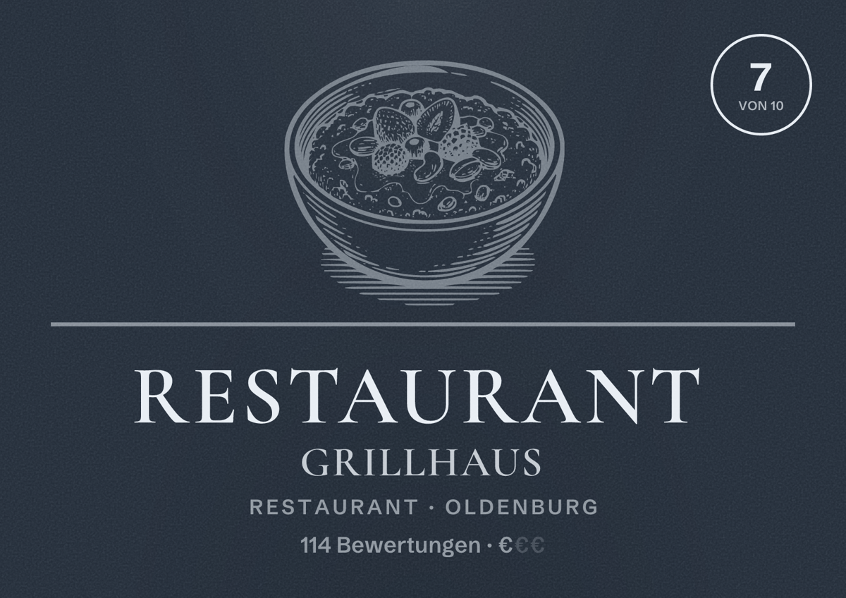 Illustriertes Poster von Restaurant Grillhaus, Restaurant in Oldenburg: Bewertung 7 von 10 aus 114 Bewertungen, Preisniveau €