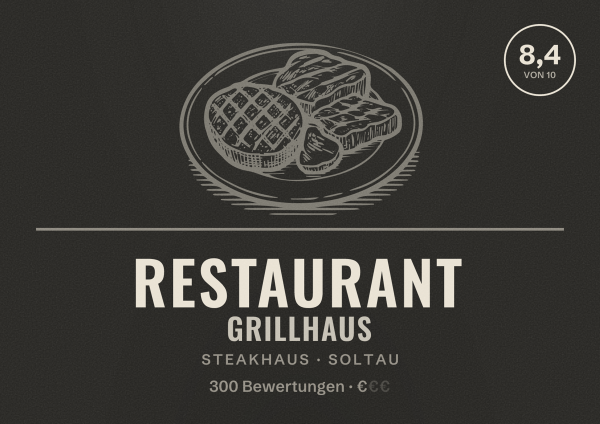 Illustriertes Poster von Restaurant Grillhaus, Steakhaus in Soltau: Bewertung 8,4 von 10 aus 300 Bewertungen, Preisniveau €