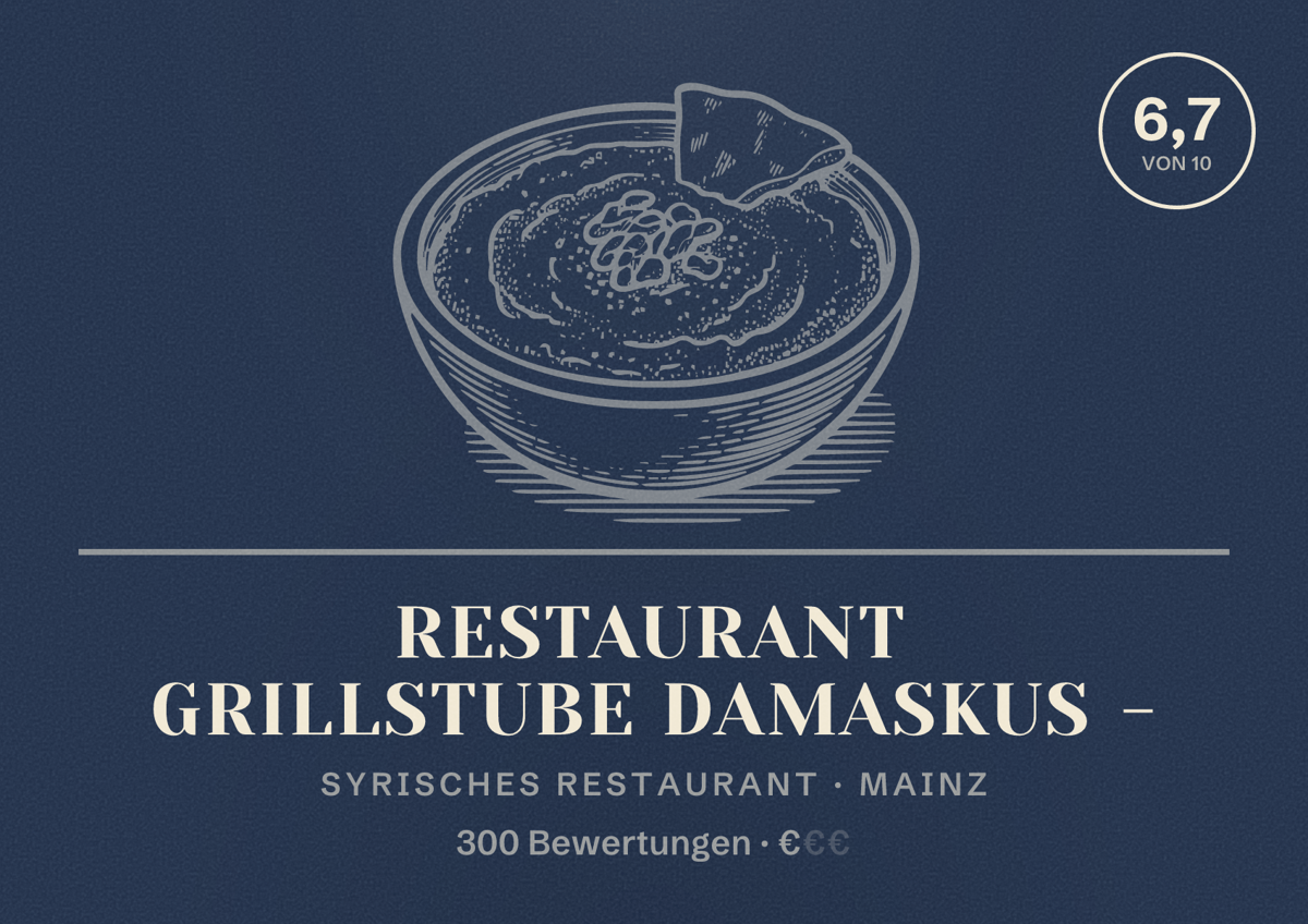 Illustriertes Poster von Restaurant Grillstube Damaskus -, Syrisches Restaurant in Mainz: Bewertung 6,7 von 10 aus 300 Bewertungen, Preisniveau €