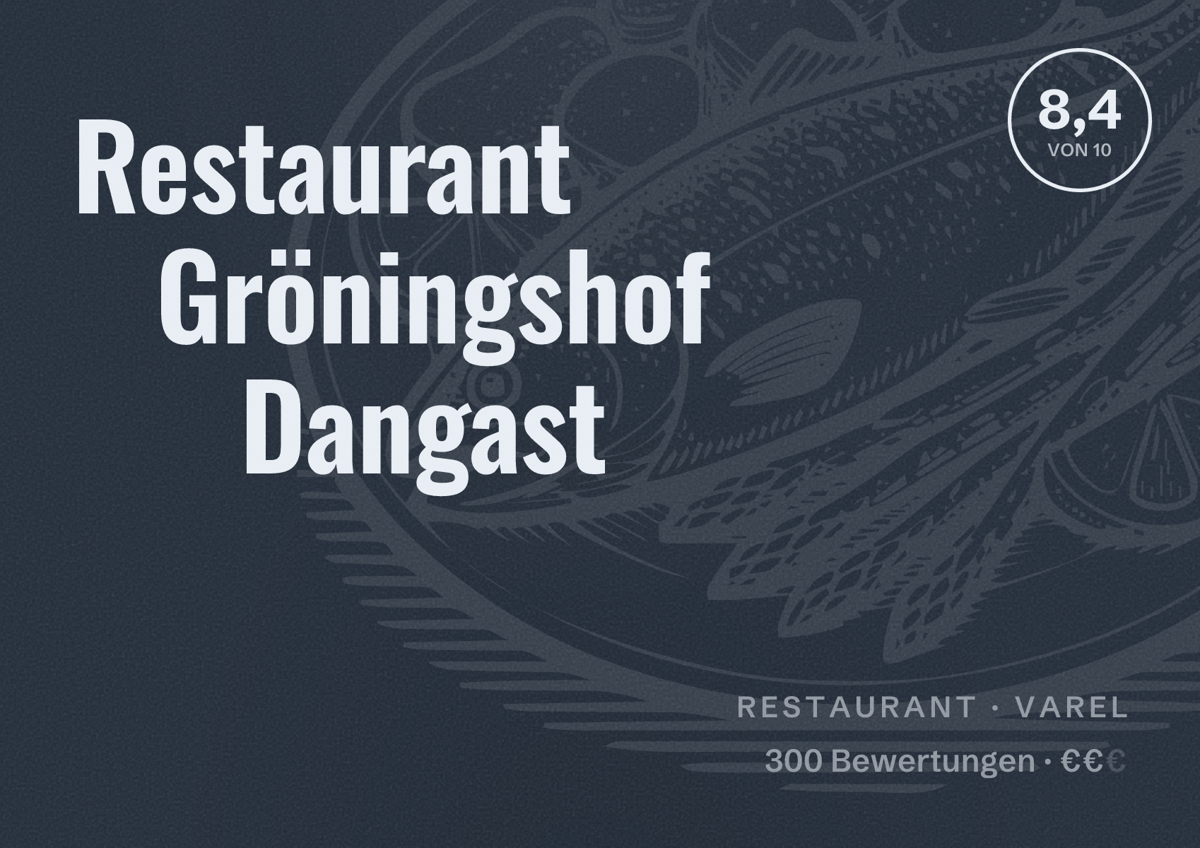 Illustriertes Poster von Restaurant Gröningshof Dangast, Restaurant in Varel: Bewertung 8,4 von 10 aus 300 Bewertungen, Preisniveau €€