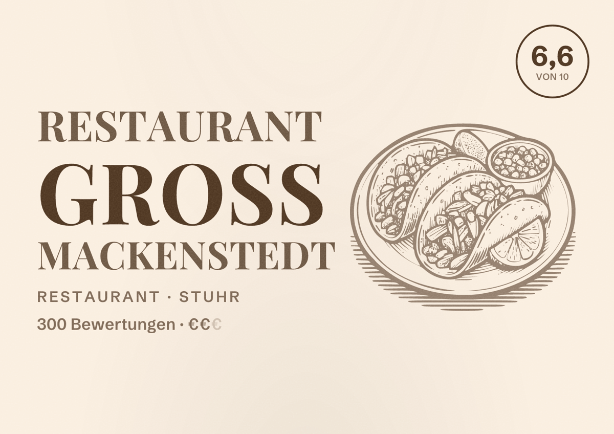 Illustriertes Poster von Restaurant Gross Mackenstedt, Restaurant in Stuhr: Bewertung 6,6 von 10 aus 300 Bewertungen, Preisniveau €€