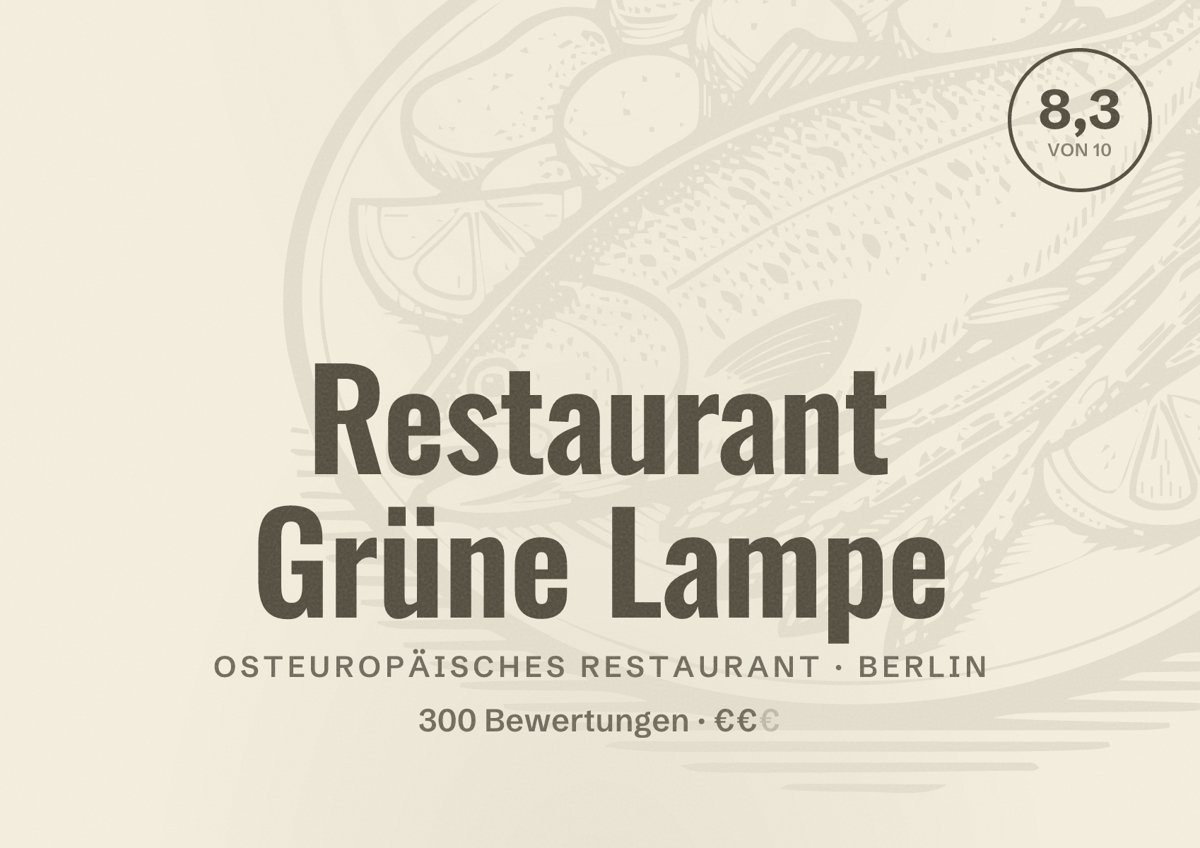 Illustriertes Poster von Restaurant Grüne Lampe, Osteuropäisches Restaurant in Berlin: Bewertung 8,3 von 10 aus 300 Bewertungen, Preisniveau €€