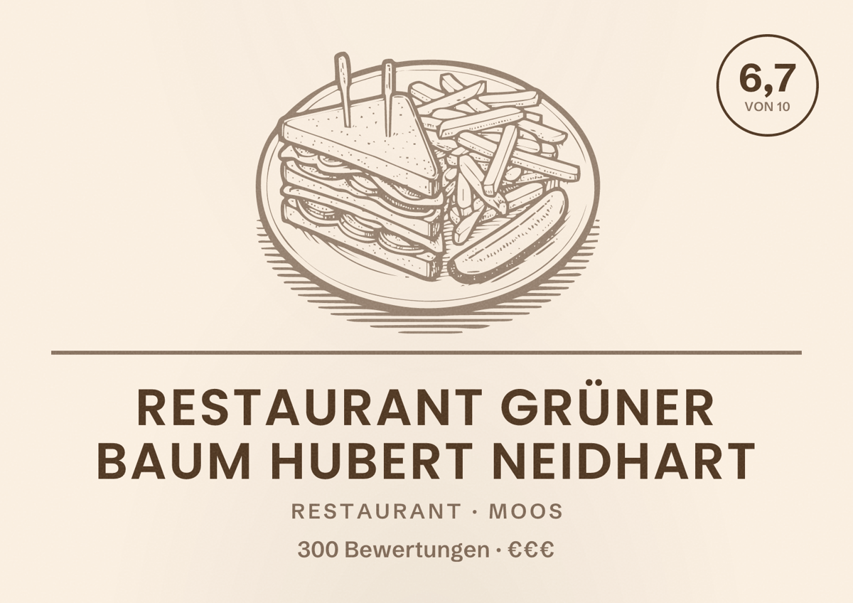 Illustriertes Poster von Restaurant Grüner Baum Hubert Neidhart, Restaurant in Moos: Bewertung 6,7 von 10 aus 300 Bewertungen, Preisniveau €€€