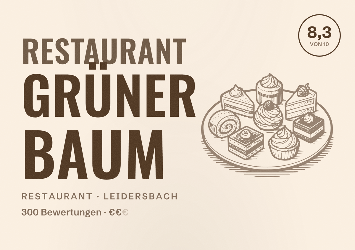 Illustriertes Poster von Restaurant Grüner Baum, Restaurant in Leidersbach: Bewertung 8,3 von 10 aus 300 Bewertungen, Preisniveau €€
