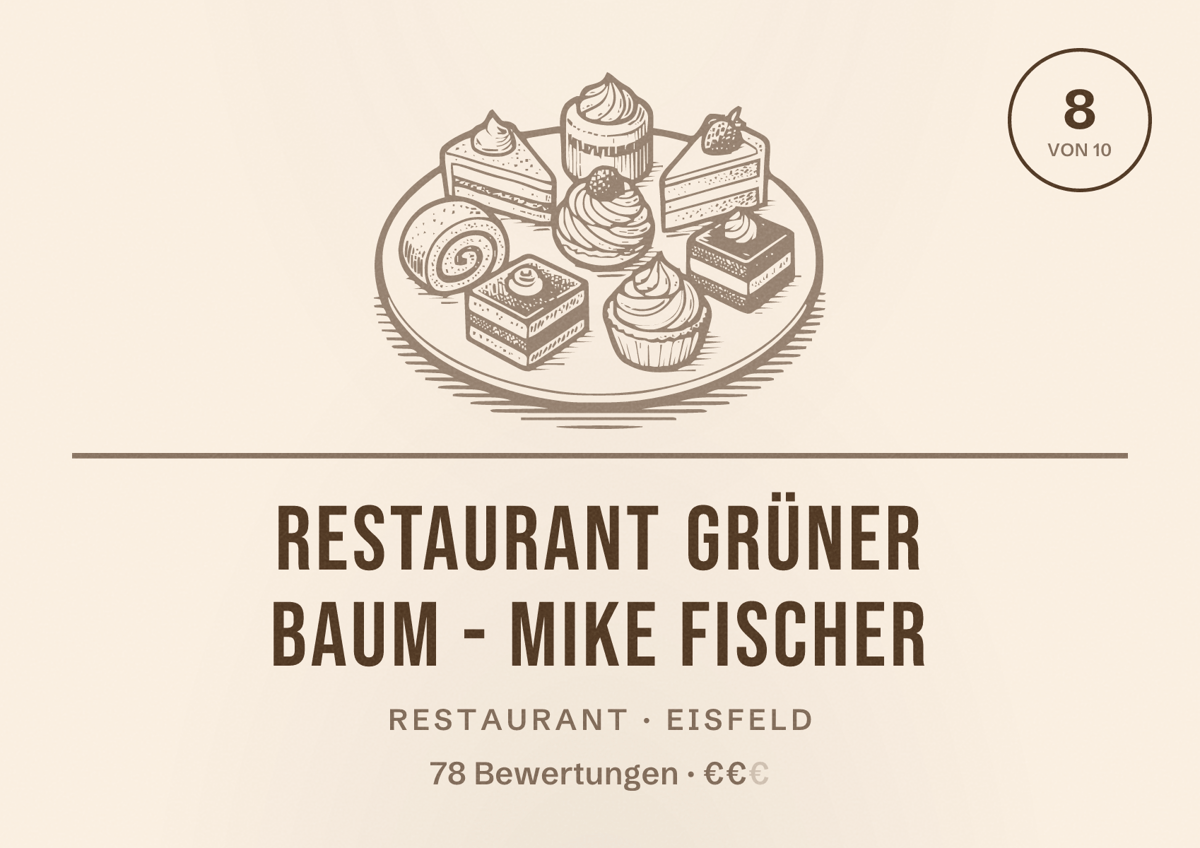 Illustriertes Poster von Restaurant Grüner Baum - Mike Fischer, Restaurant in Eisfeld: Bewertung 8 von 10 aus 78 Bewertungen, Preisniveau €€