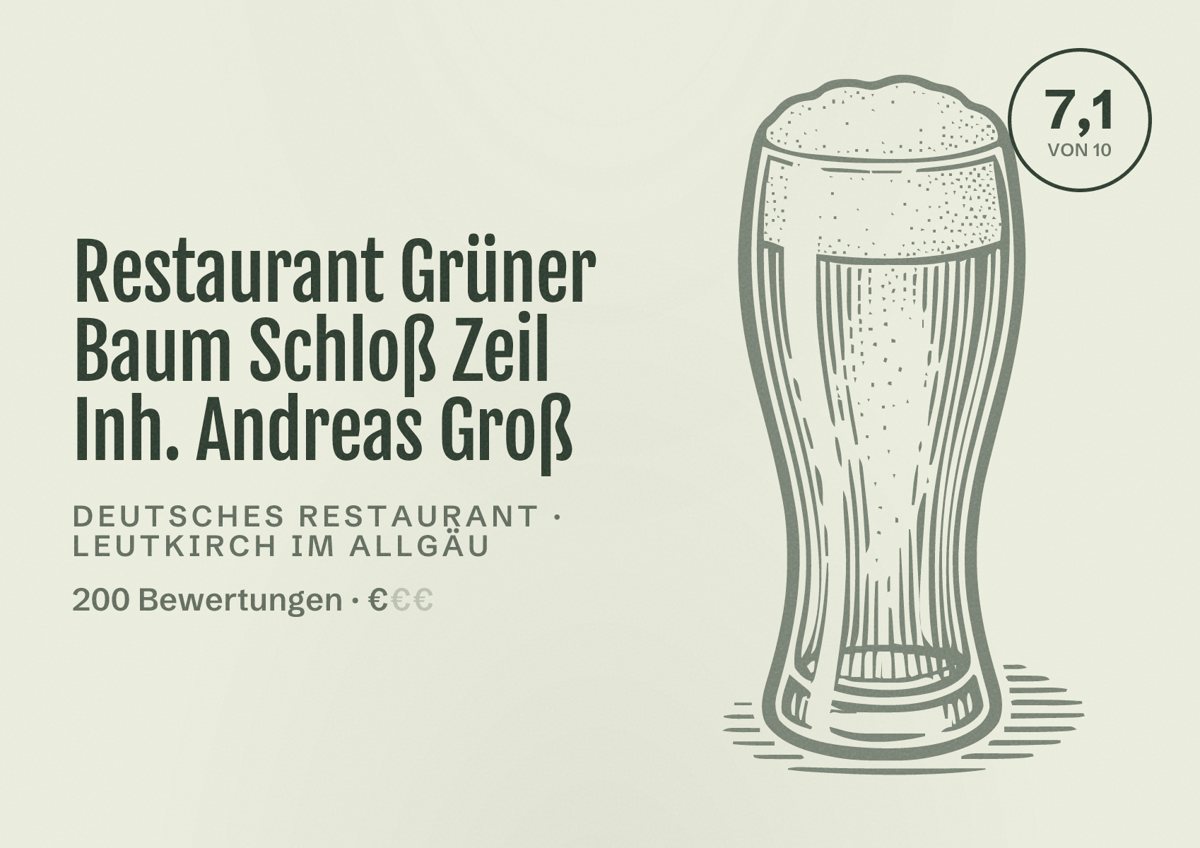 Illustriertes Poster von Restaurant Grüner Baum Schloß Zeil Inh. Andreas Groß, Deutsches Restaurant in Leutkirch im Allgäu: Bewertung 7,1 von 10 aus 200 Bewertungen, Preisniveau €