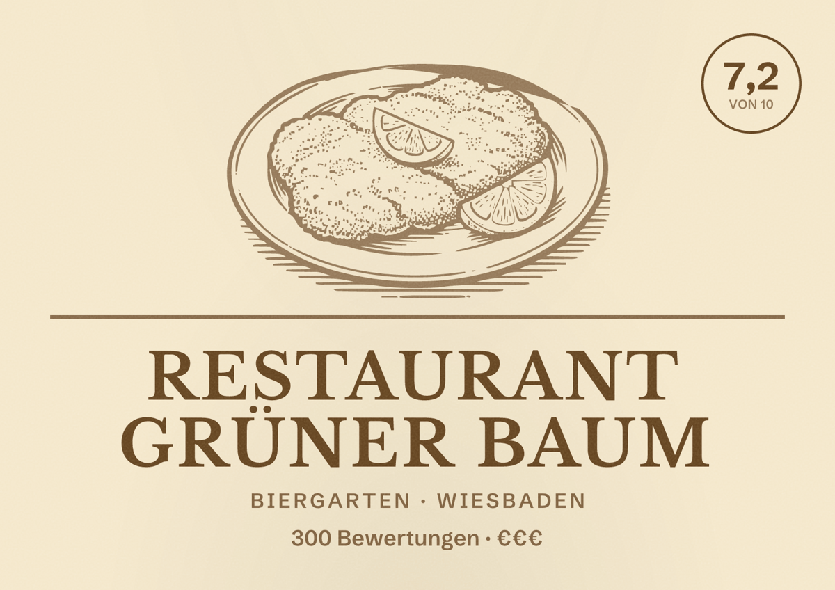 Illustriertes Poster von Restaurant Grüner Baum, Biergarten in Wiesbaden: Bewertung 7,2 von 10 aus 300 Bewertungen, Preisniveau €€€