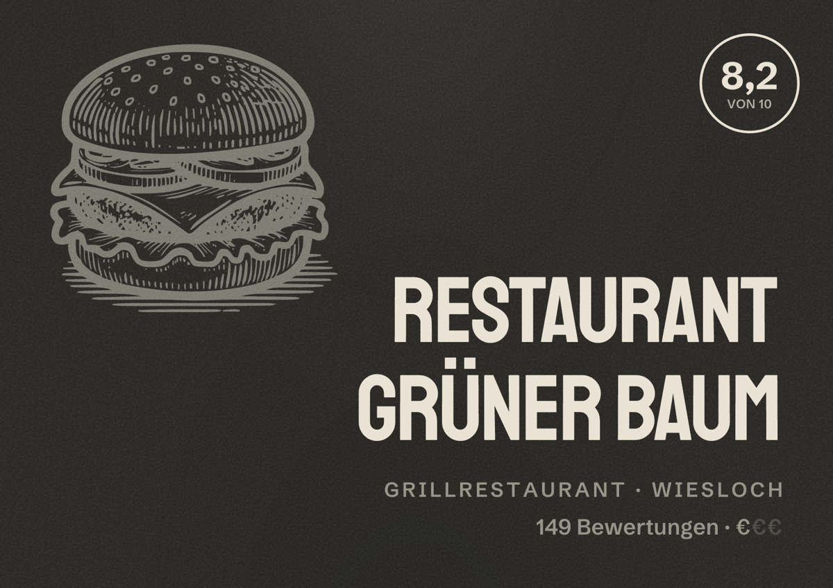 Illustriertes Poster von Restaurant Grüner Baum, Grillrestaurant in Wiesloch: Bewertung 8,2 von 10 aus 149 Bewertungen, Preisniveau €