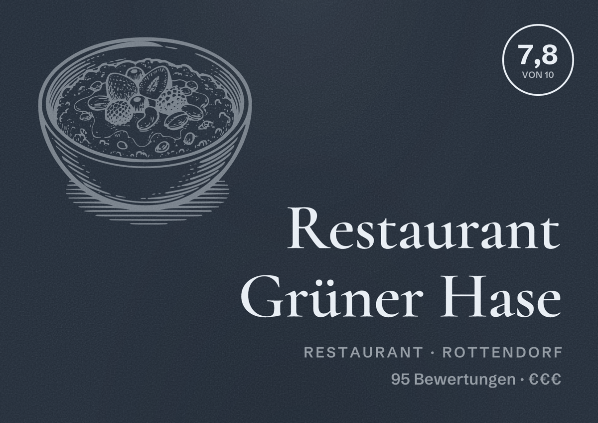 Illustriertes Poster von Restaurant Grüner Hase, Restaurant in Rottendorf: Bewertung 7,8 von 10 aus 95 Bewertungen, Preisniveau €€€
