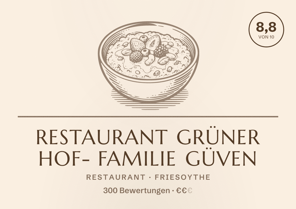 Illustriertes Poster von Restaurant Grüner Hof- Familie Güven, Restaurant in Friesoythe: Bewertung 8,8 von 10 aus 300 Bewertungen, Preisniveau €€
