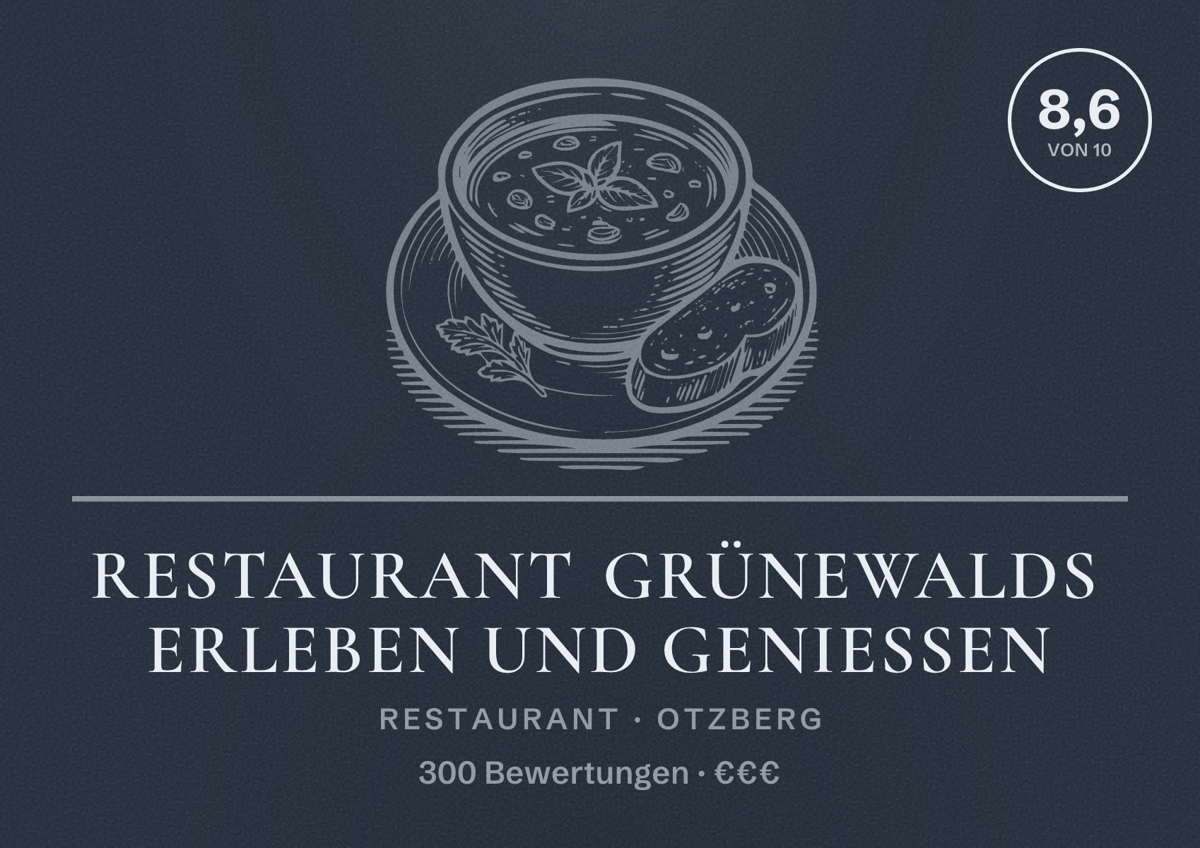 Illustriertes Poster von Restaurant Grünewalds ERLEBEN und GENIESSEN, Restaurant in Otzberg: Bewertung 8,6 von 10 aus 300 Bewertungen, Preisniveau €€€