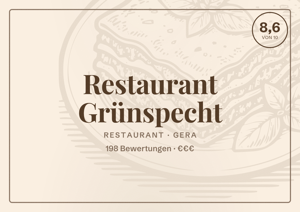 Illustriertes Poster von Restaurant Grünspecht, Restaurant in Gera: Bewertung 8,6 von 10 aus 198 Bewertungen, Preisniveau €€€