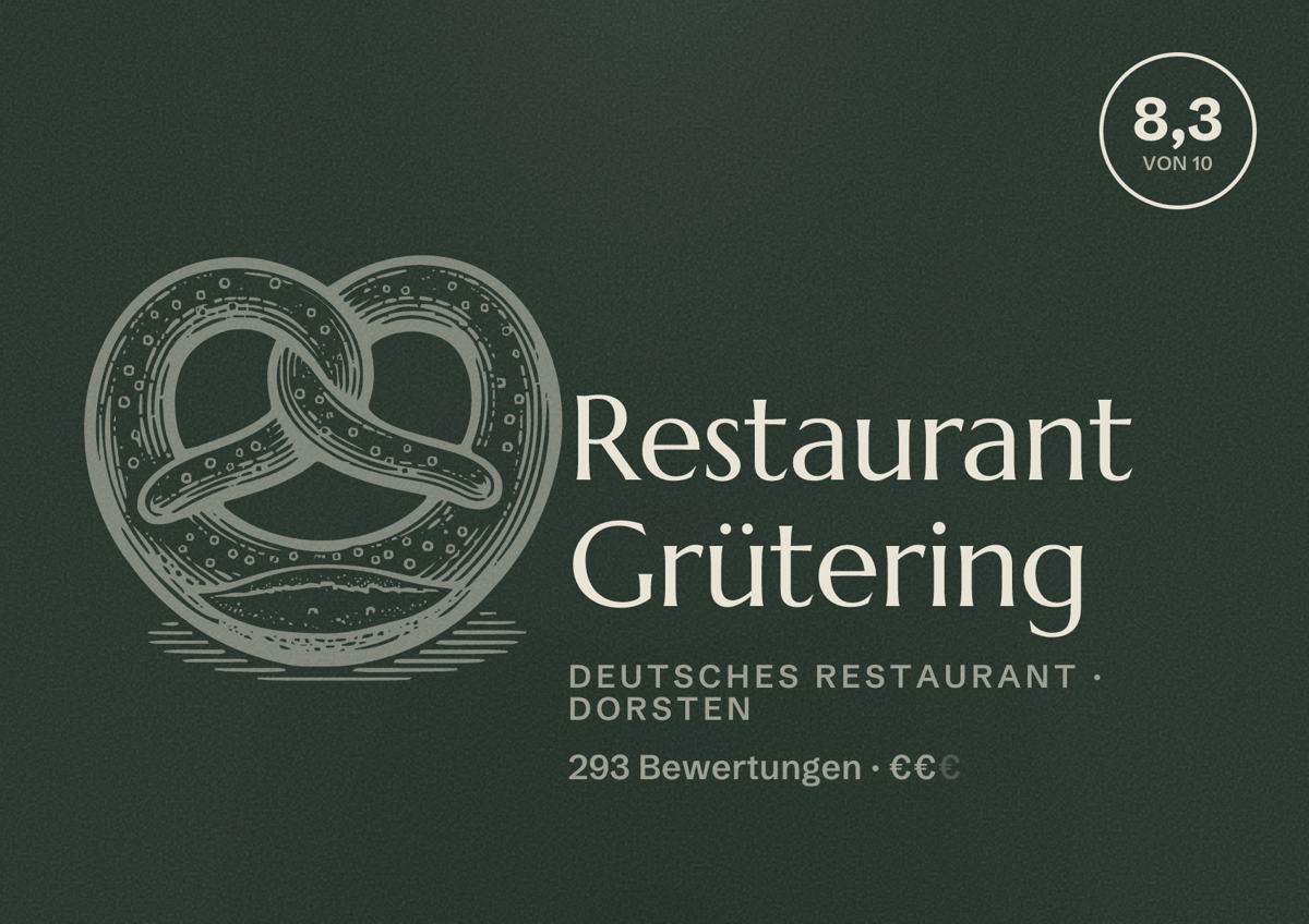 Illustriertes Poster von Restaurant Grütering, Deutsches Restaurant in Dorsten: Bewertung 8,3 von 10 aus 293 Bewertungen, Preisniveau €€