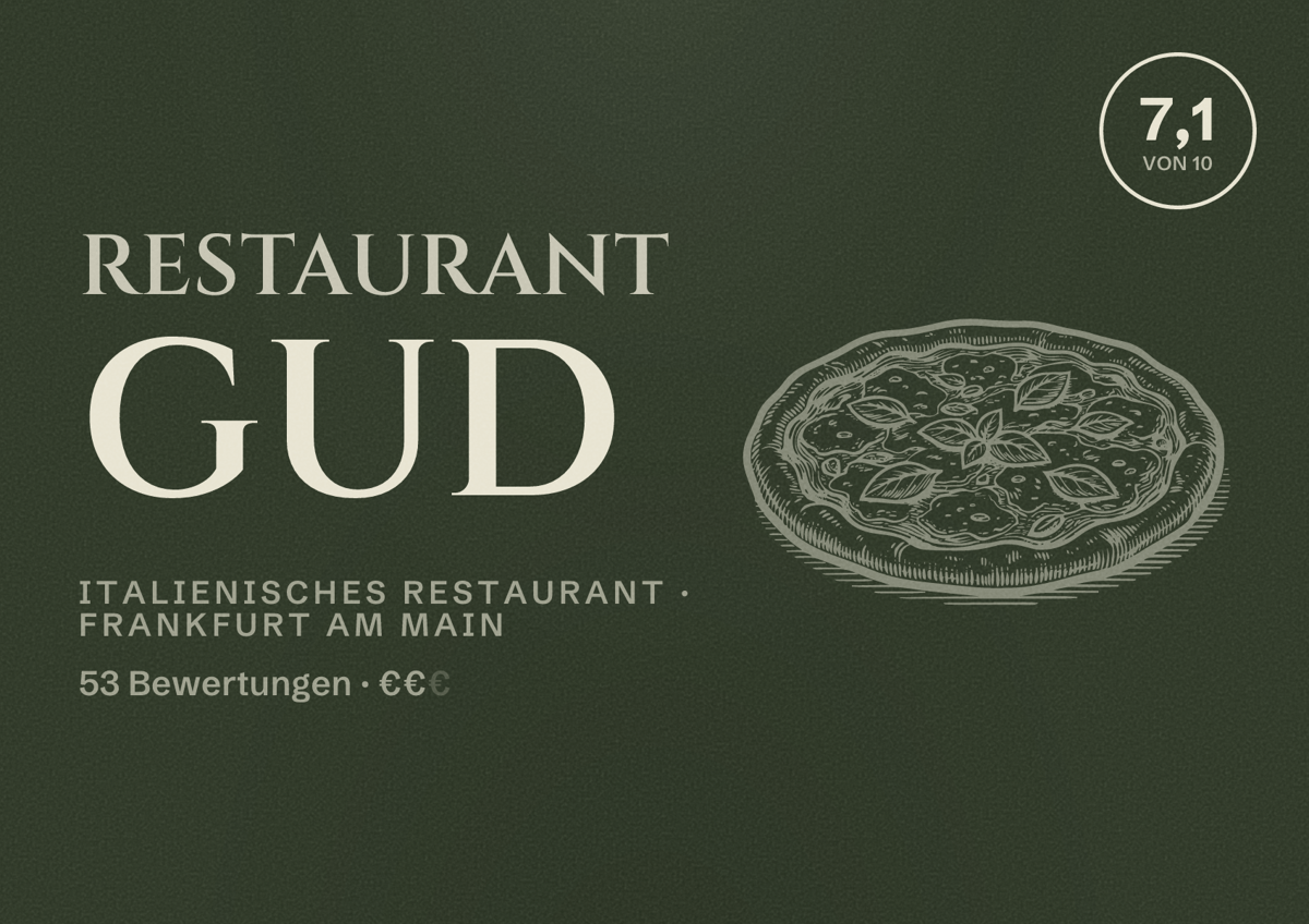 Illustriertes Poster von Restaurant gud, Italienisches Restaurant in Frankfurt am Main: Bewertung 7,1 von 10 aus 53 Bewertungen, Preisniveau €€