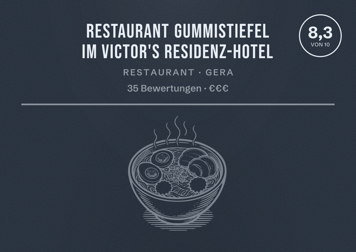 Illustriertes Poster von Restaurant Gummistiefel im Victor's Residenz-Hotel, Restaurant in Gera: Bewertung 8,3 von 10 aus 35 Bewertungen, Preisniveau €€€
