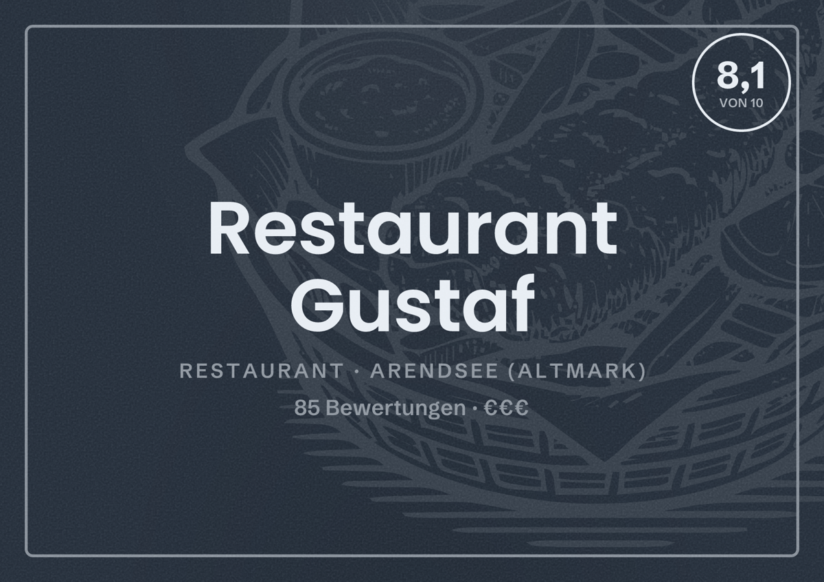 Illustriertes Poster von Restaurant Gustaf, Restaurant in Arendsee (Altmark): Bewertung 8,1 von 10 aus 85 Bewertungen, Preisniveau €€€